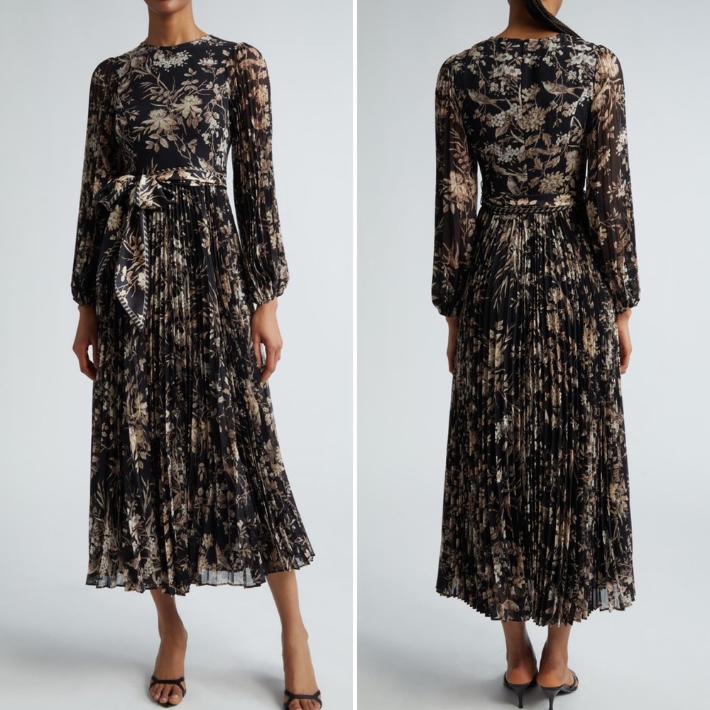 NWT Zimmerman Sunray Long Sleeve Midi dress, Black Mockingbird, size 0/ US 2